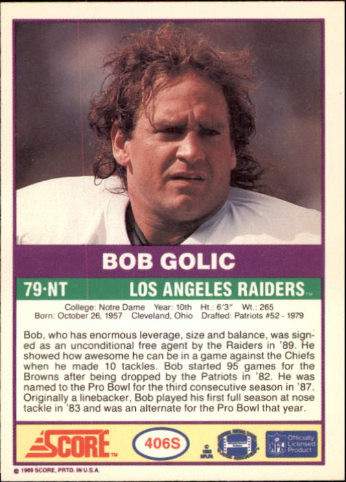 1989 Score Supplemental #406S Bob Golic back image