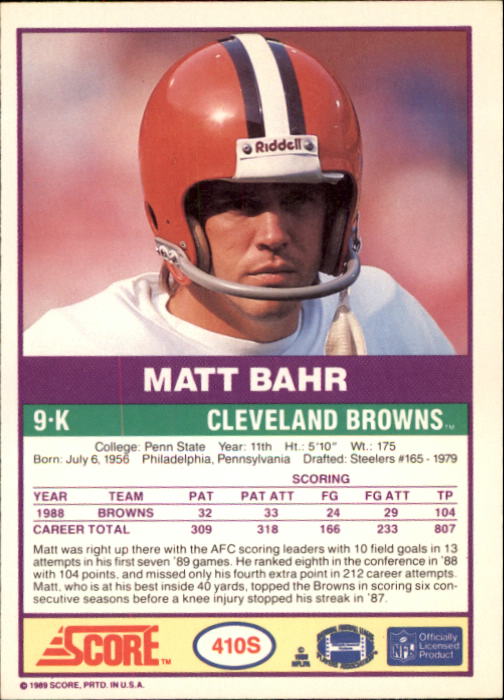 1989 Score Supplemental #410S Matt Bahr back image