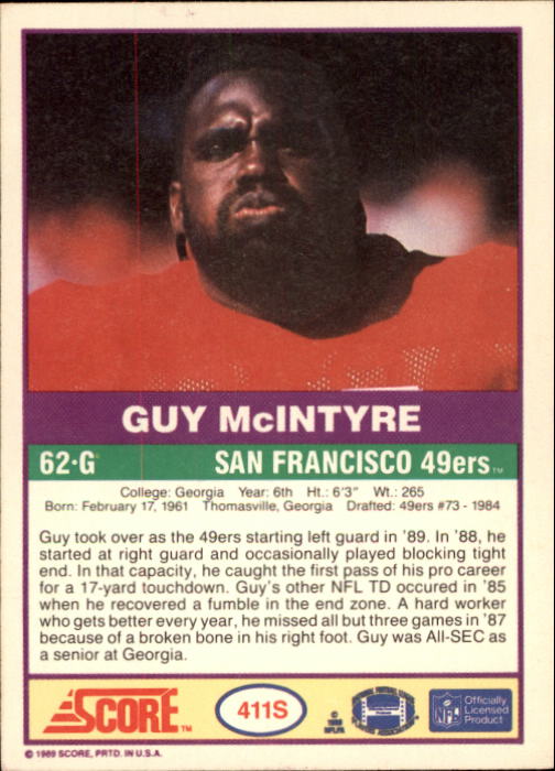 1989 Score Supplemental #411S Guy McIntyre RC back image
