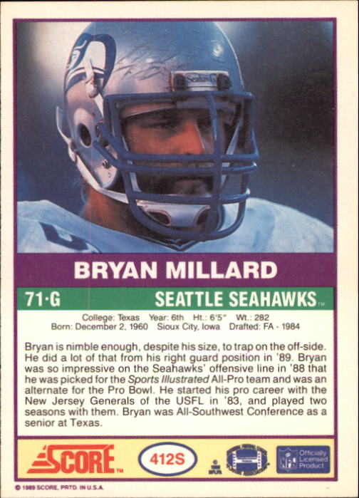 1989 Score Supplemental #412S Bryan Millard back image
