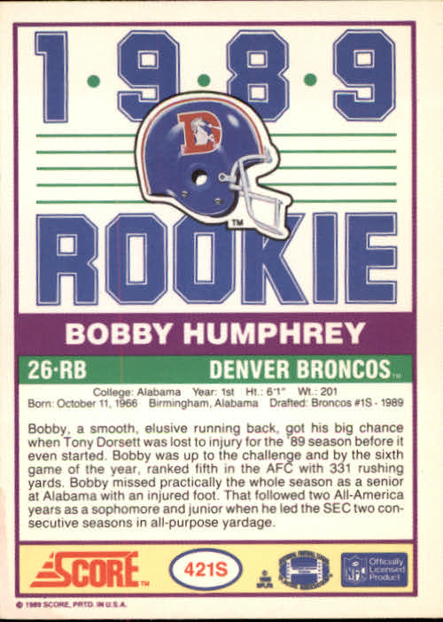 1989 Score Supplemental #421S Bobby Humphrey RC back image