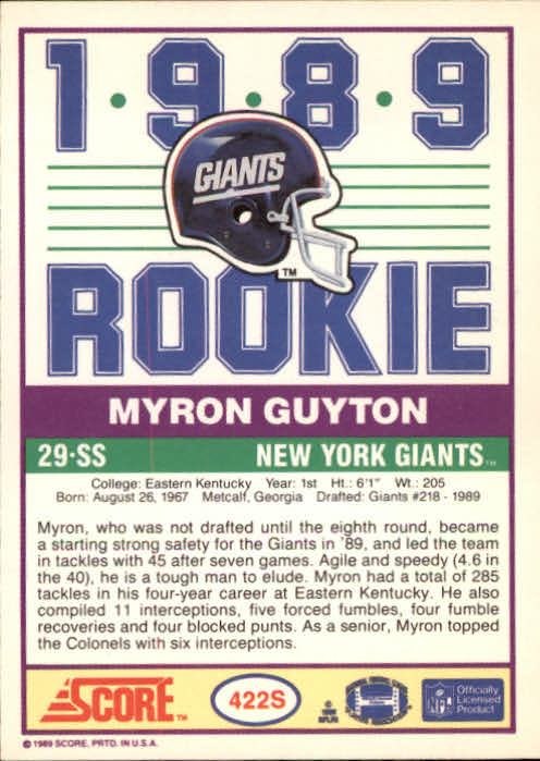 1989 Score Supplemental #422S Myron Guyton RC back image