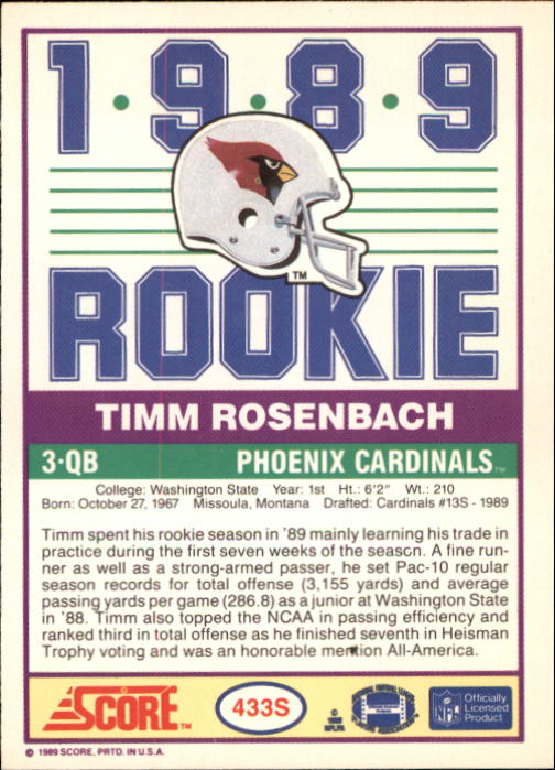 1989 Score Supplemental #433S Timm Rosenbach UER RC/Photo actually/Gary Hogeboom back image