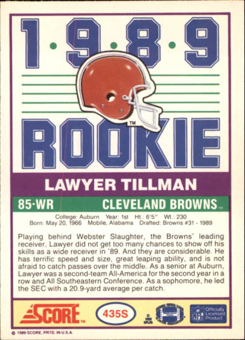 1989 Score Supplemental #435S Lawyer TIllman RC back image