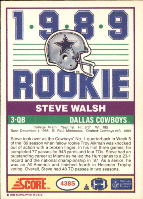 1989 Score Supplemental #438S Steve Walsh RC back image