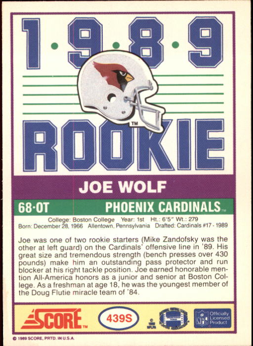 1989 Score Supplemental #439S Joe Wolf RC back image