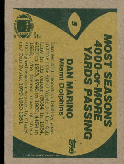 1989 Topps #5 Dan Marino RB/Most Seasons 4000 or/More Yards Passing back image