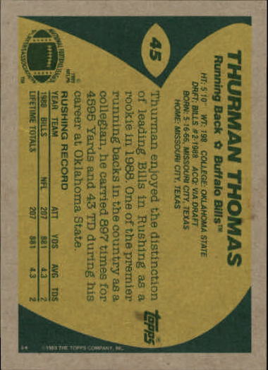 1989 Topps #45 Thurman Thomas RC back image
