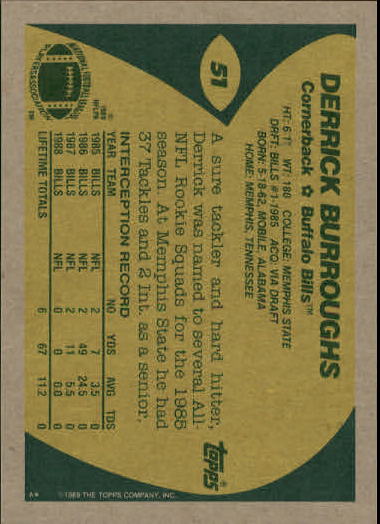 1989 Topps #51A Derrick Burroughs/(White name plate) back image