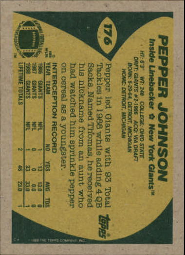 1989 Topps #176 Pepper Johnson back image