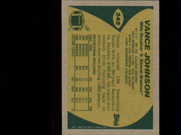 1989 Topps #245 Vance Johnson back image