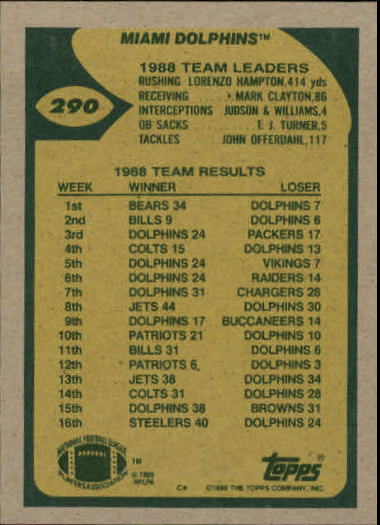 1989 Topps #290 Dolphins Team/Dan Marino High and Far back image