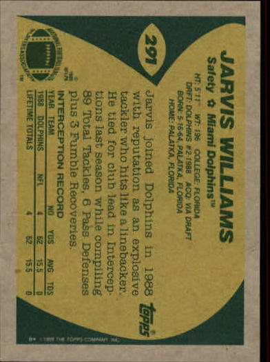 1989 Topps #291 Jarvis Williams RC back image