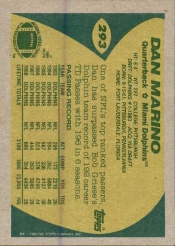 1989 Topps #293 Dan Marino back image