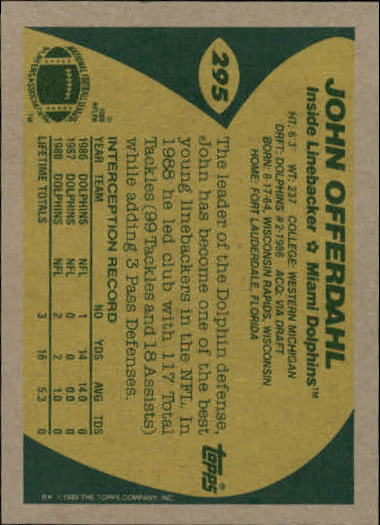 1989 Topps #295 John Offerdahl back image