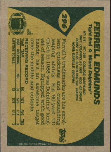 1989 Topps #296 Ferrell Edmunds RC back image