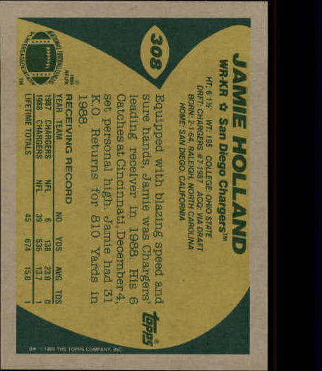 1989 Topps #308 Jamie Holland RC back image