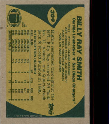 1989 Topps #309 Billy Ray Smith back image