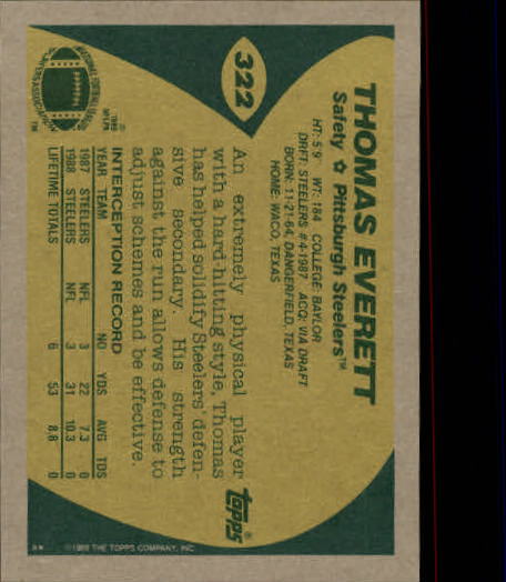 1989 Topps #322 Thomas Everett RC back image