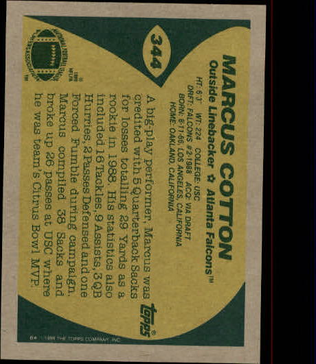 1989 Topps #344 Marcus Cotton RC back image