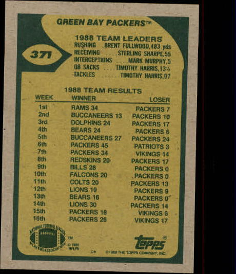 1989 Topps #371 Packers Team UER/Johnny Holland Over/the Top (Week 16 has/vs. Vikings but/they played Bears) back image