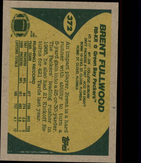 1989 Topps #372 Brent Fullwood RC back image