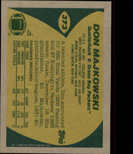 1989 Topps #373 Don Majkowski RC UER/(3 TD's in 1987;/should be 5) back image