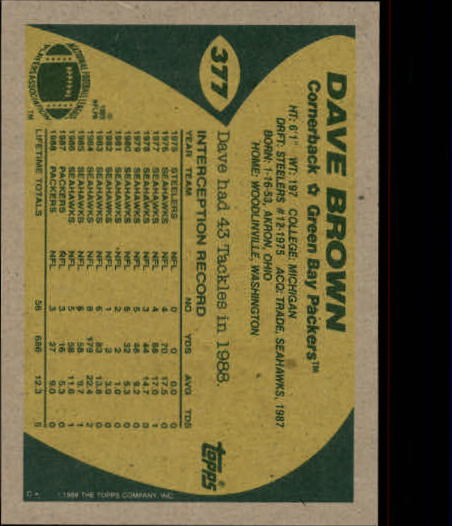 1989 Topps #377 Dave Brown DB back image