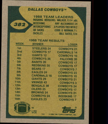 1989 Topps #382 Cowboys Team/Steve Pelluer Lets/It Go back image