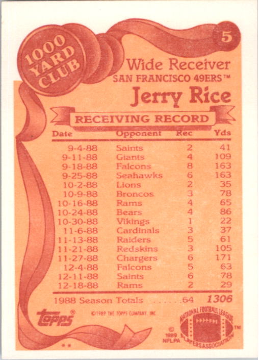 1989 Topps 1000 Yard Club #5 Jerry Rice back image