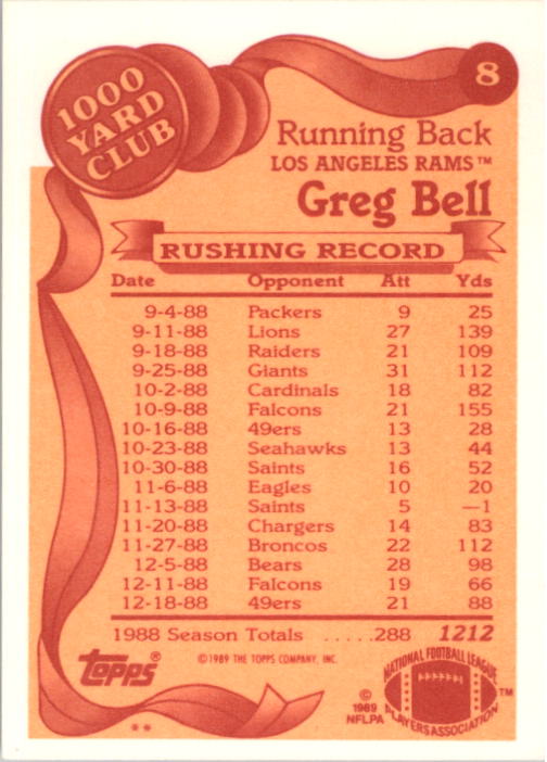 1989 Topps 1000 Yard Club #8 Greg Bell back image