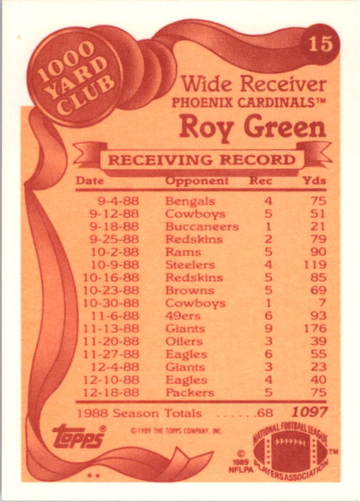1989 Topps 1000 Yard Club #15 Roy Green back image