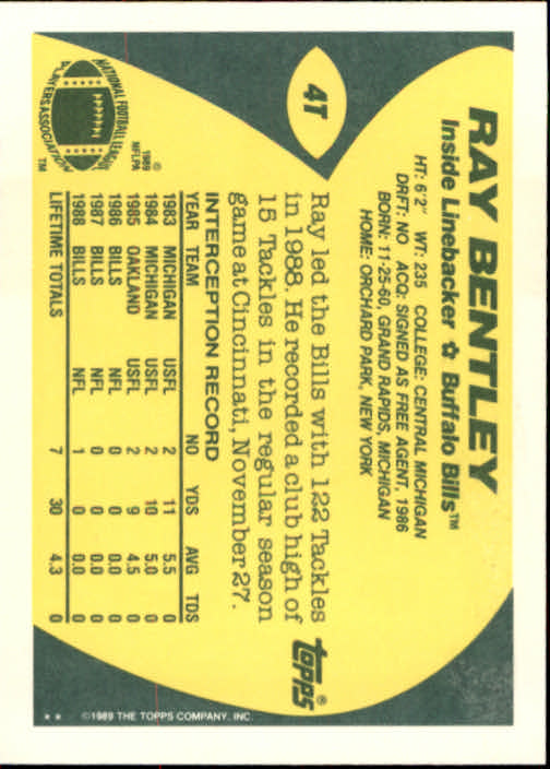 1989 Topps Traded #4T Ray Bentley RC back image