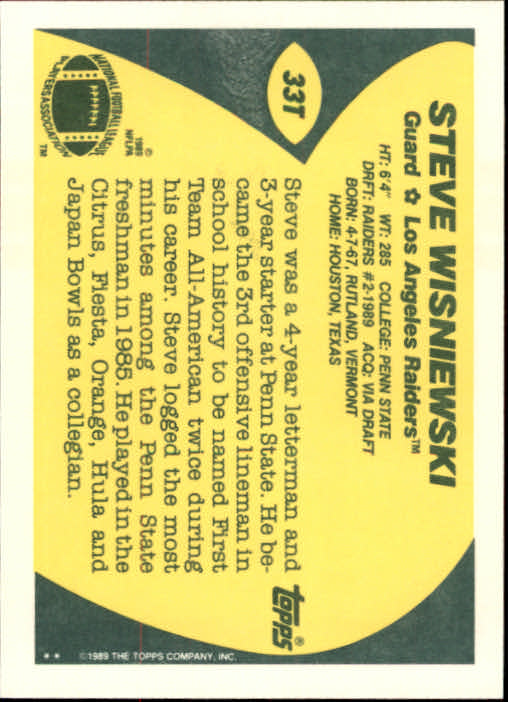1989 Topps Traded #33T Steve Wisniewski RC back image