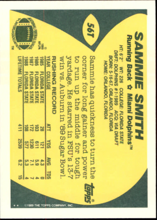 1989 Topps Traded #56T Sammie Smith RC back image