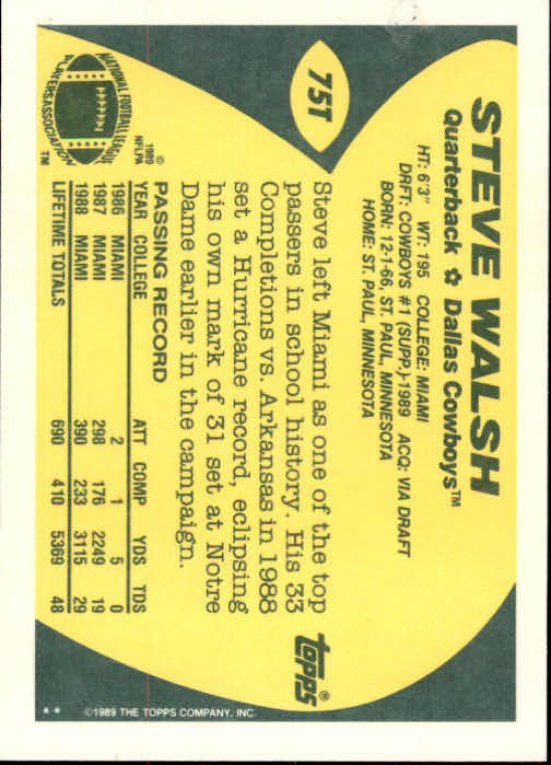 1989 Topps Traded #75T Steve Walsh RC back image