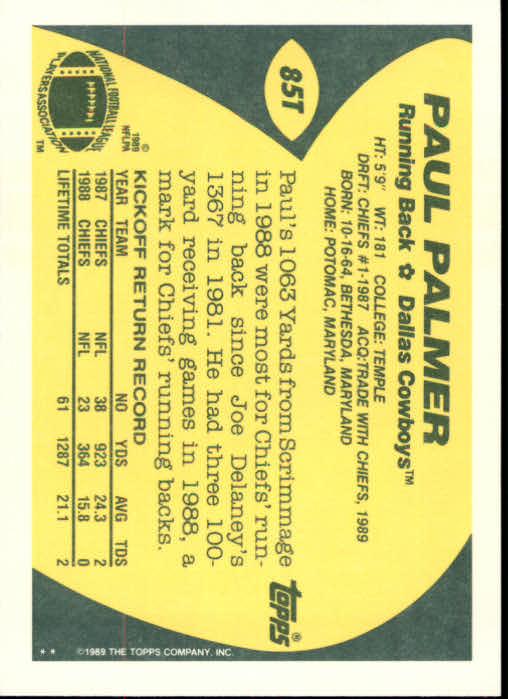 1989 Topps Traded #85T Paul Palmer back image