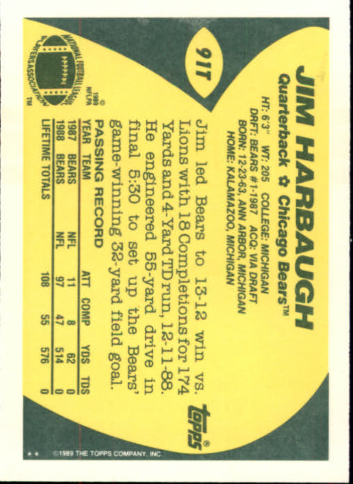 1989 Topps Traded #91T Jim Harbaugh RC back image