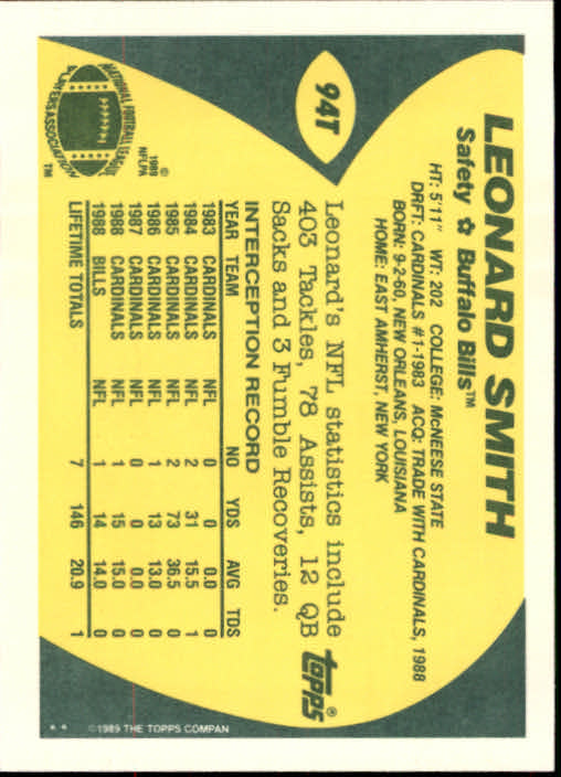 1989 Topps Traded #94T Leonard Smith back image