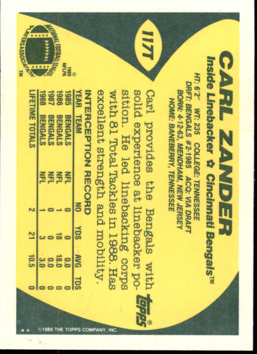1989 Topps Traded #117T Carl Zander back image