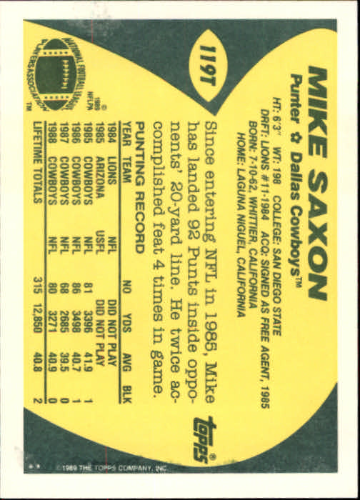 1989 Topps Traded #119T Mike Saxon back image