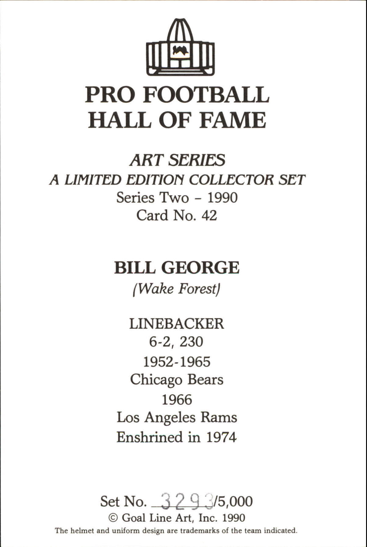 1989-97 Goal Line HOF #42 Bill George back image