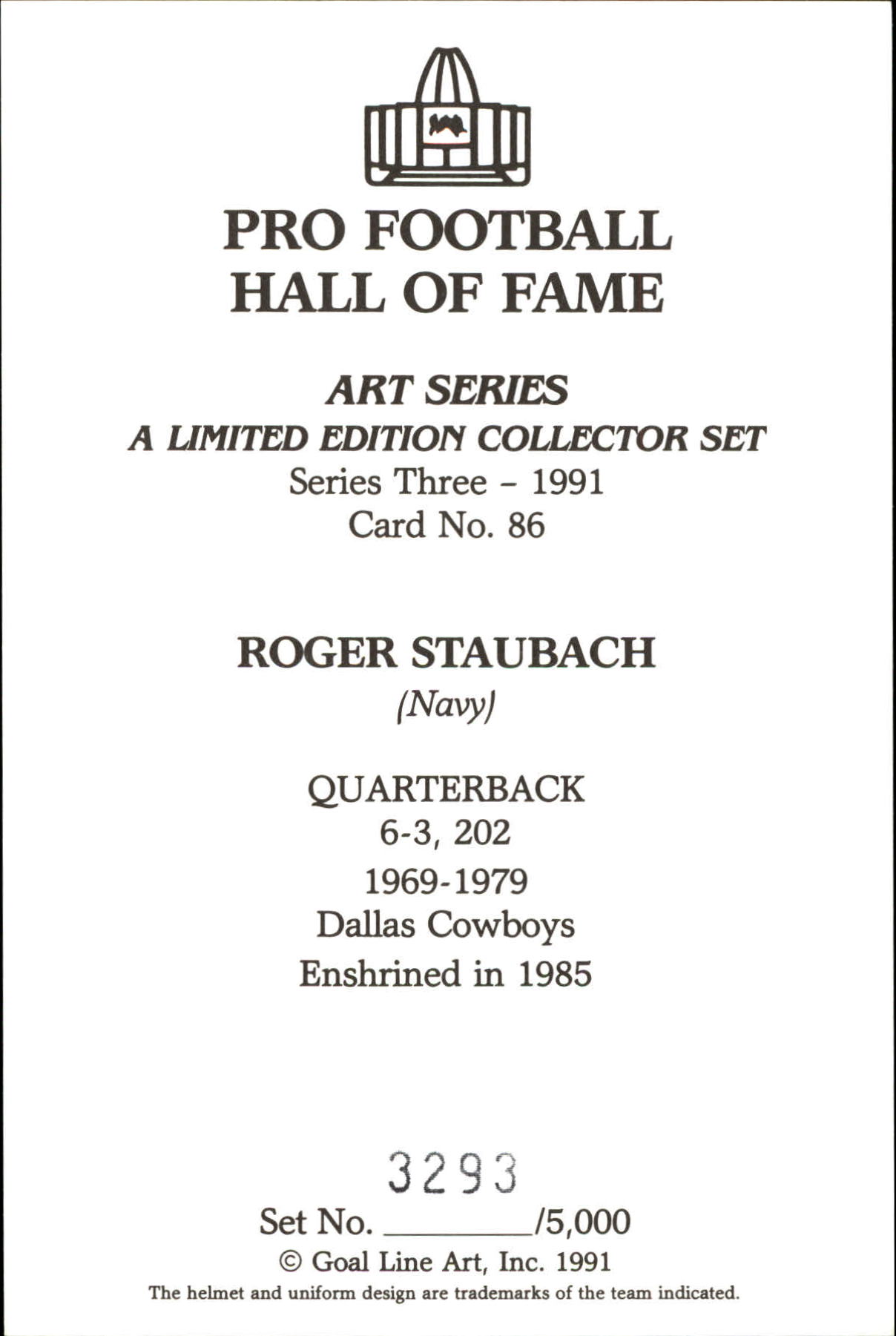 1989-97 Goal Line HOF #86 Roger Staubach back image