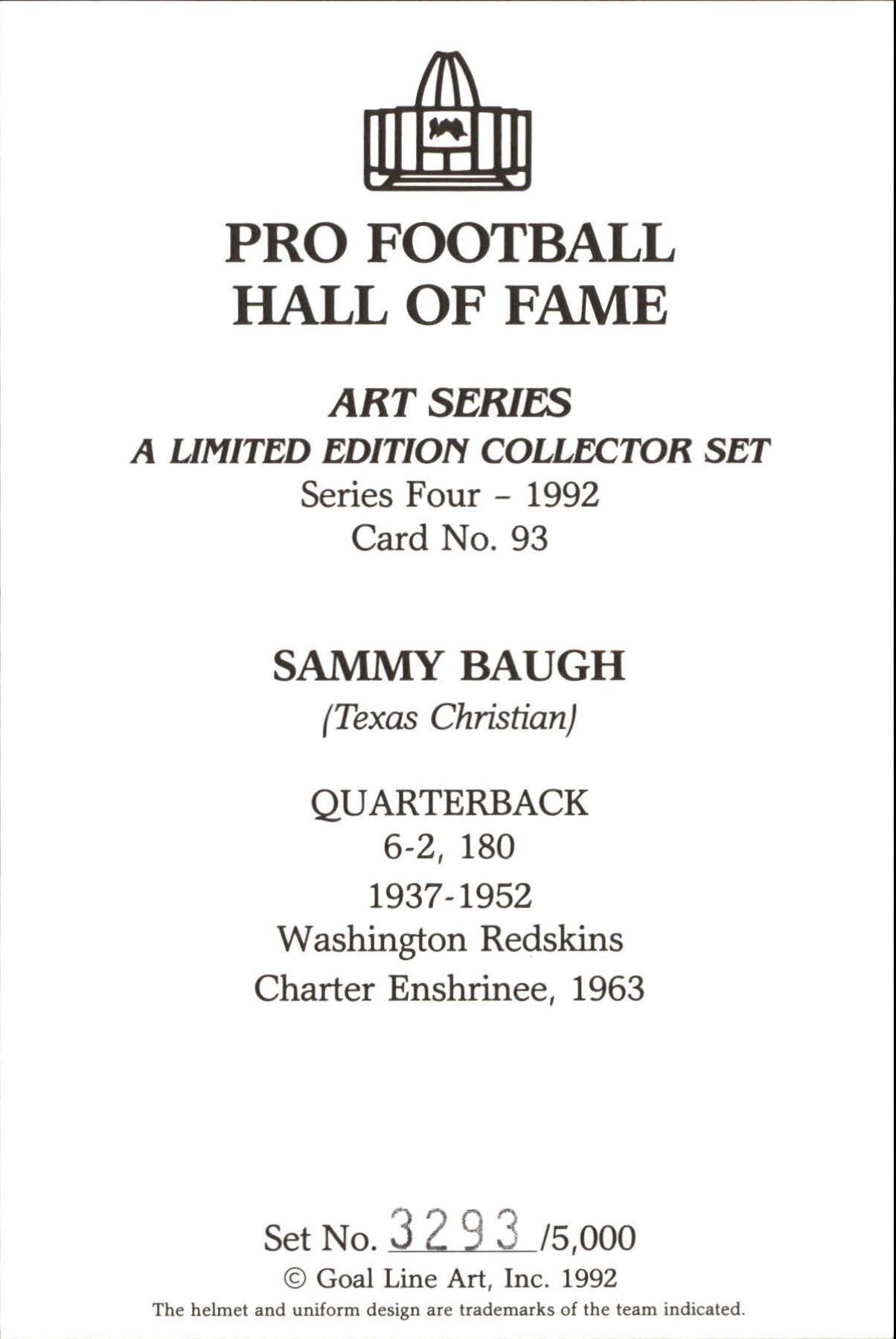1989-97 Goal Line HOF #93 Sammy Baugh back image