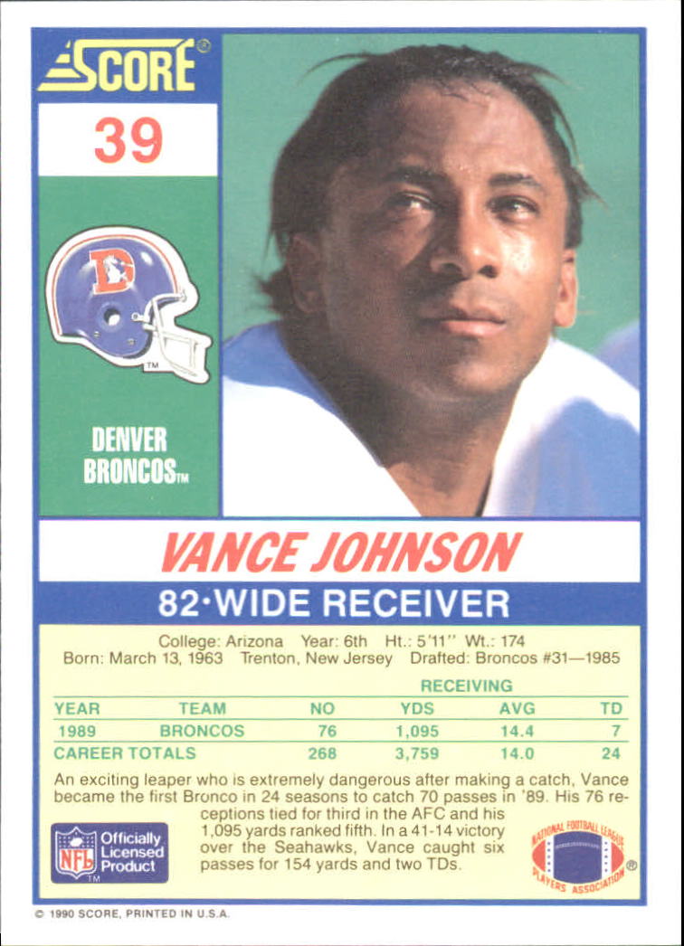 1990 Score 100 Hottest #39 Vance Johnson back image