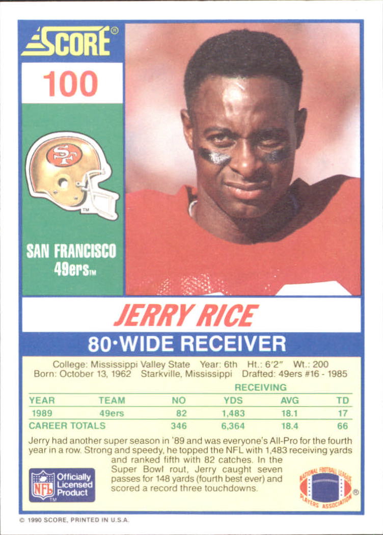 1990 Score 100 Hottest #100 Jerry Rice back image