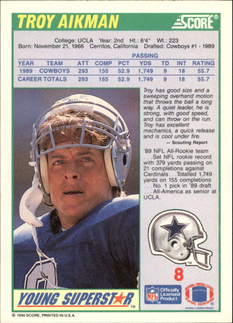 1990 Score Young Superstars #8 Troy Aikman back image