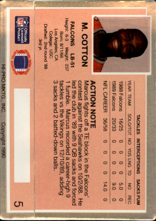 1990 Action Packed #5 Marcus Cotton back image