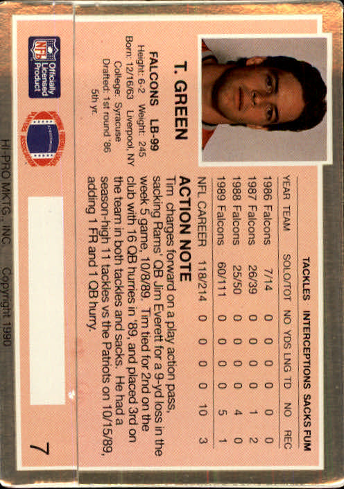 1990 Action Packed #7 Tim Green RC back image