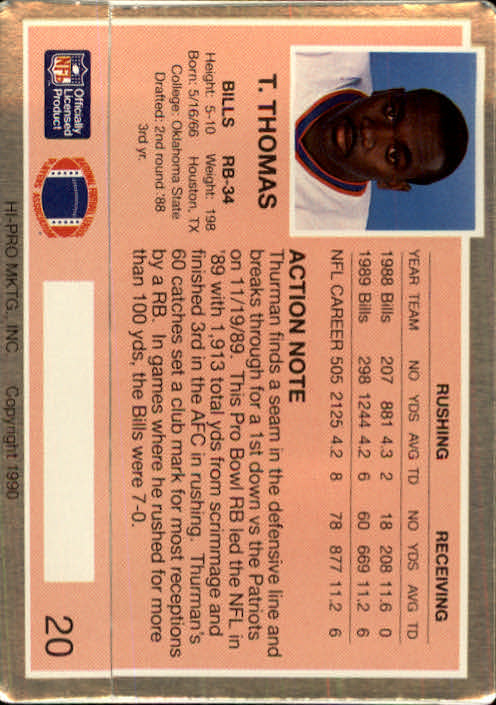 1990 Action Packed #20 Thurman Thomas back image
